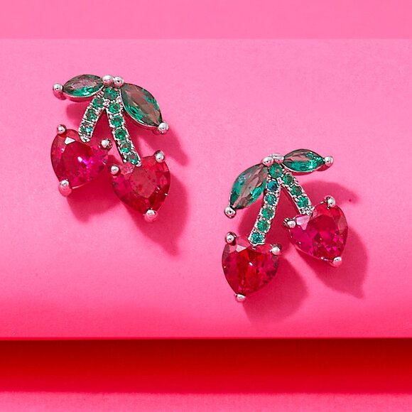 Cherry Stud Earrings with Pink and Green Gemstone - Picture 5 of 6